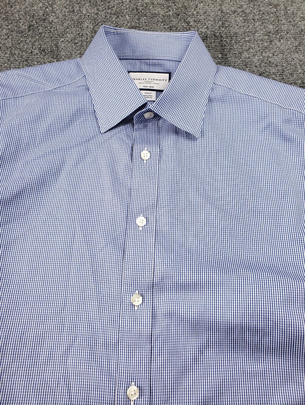 Charles Tyrwhitt Dress Shirt Slim Fit 16.5 35 Blue White Check Non Iron Spread - Picture 5 of 8